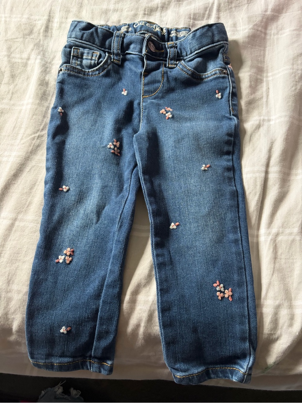 Cat & Jack Blue Straight-Leg Jeans with Pink Floral Embroidery